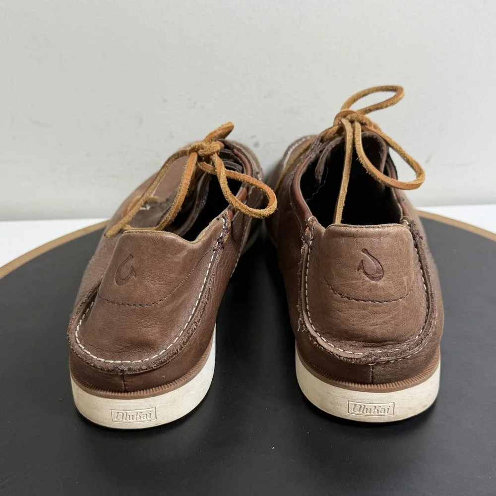OluKai Mokua Leather Shoes Men 10 Casual‎ Boat Moc Toe Brown Comfort